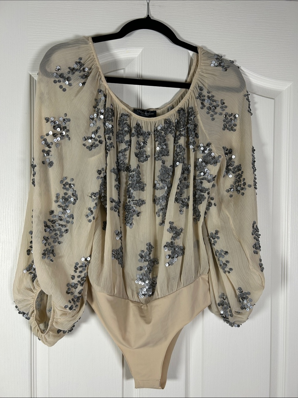 Zara Beige Bodysuit with Silver Sequin Embellishments- On or Off Shoulder size M